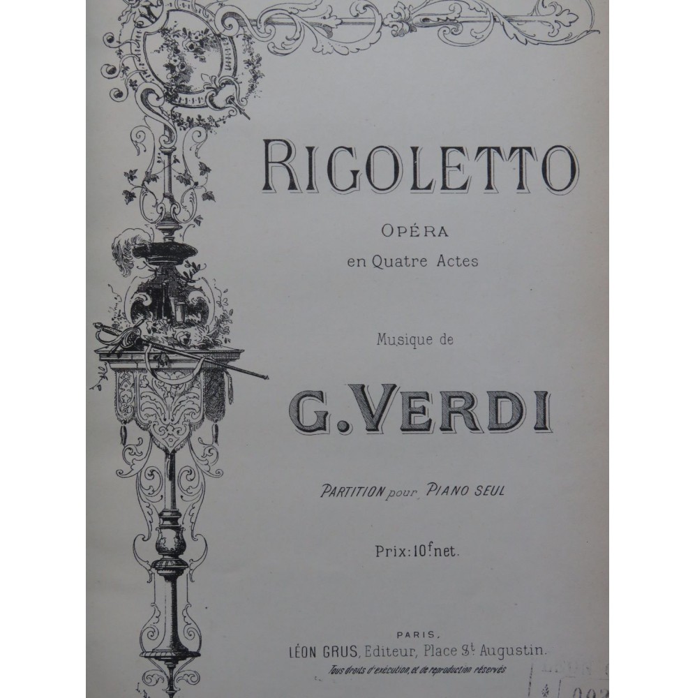 VERDI Giuseppe Rigoletto Opéra Piano seul ca1884