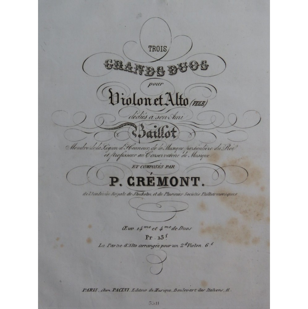 CRÉMONT Pierre Trois Grands Duos op 14 Dédicace Violon Alto ou 2e Violons ca1830