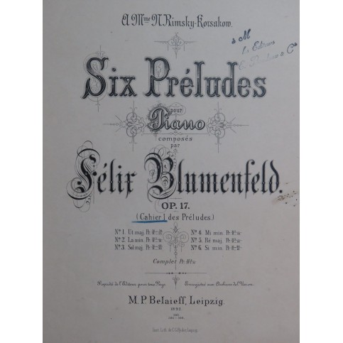 BLUMENFELD Félix Six Préludes op 17 Piano 1892