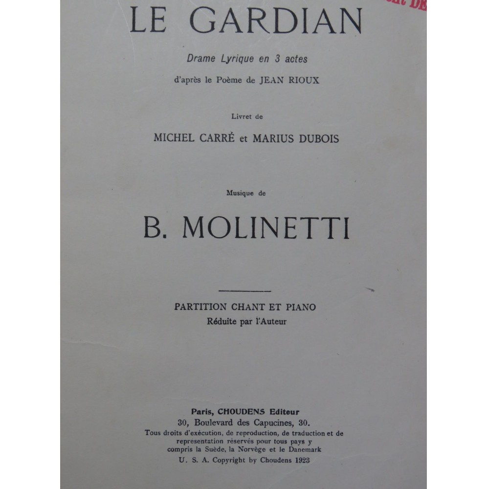 MOLINETTI B. Le Gardian Opéra Chant Piano 1924