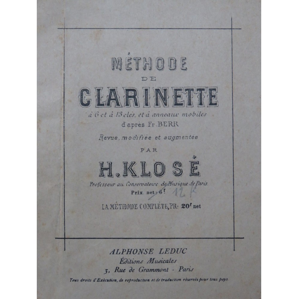 KLOSÉ H. Méthode de Clarinette