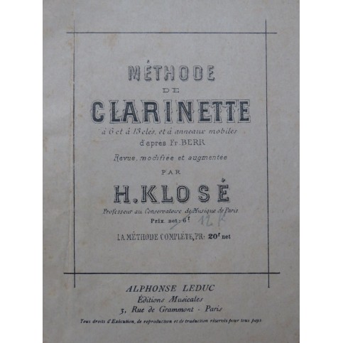 KLOSÉ H. Méthode de Clarinette