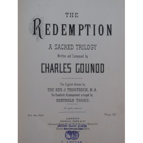 GOUNOD Charles The Redemption Oratorio Chant Piano ca1882
