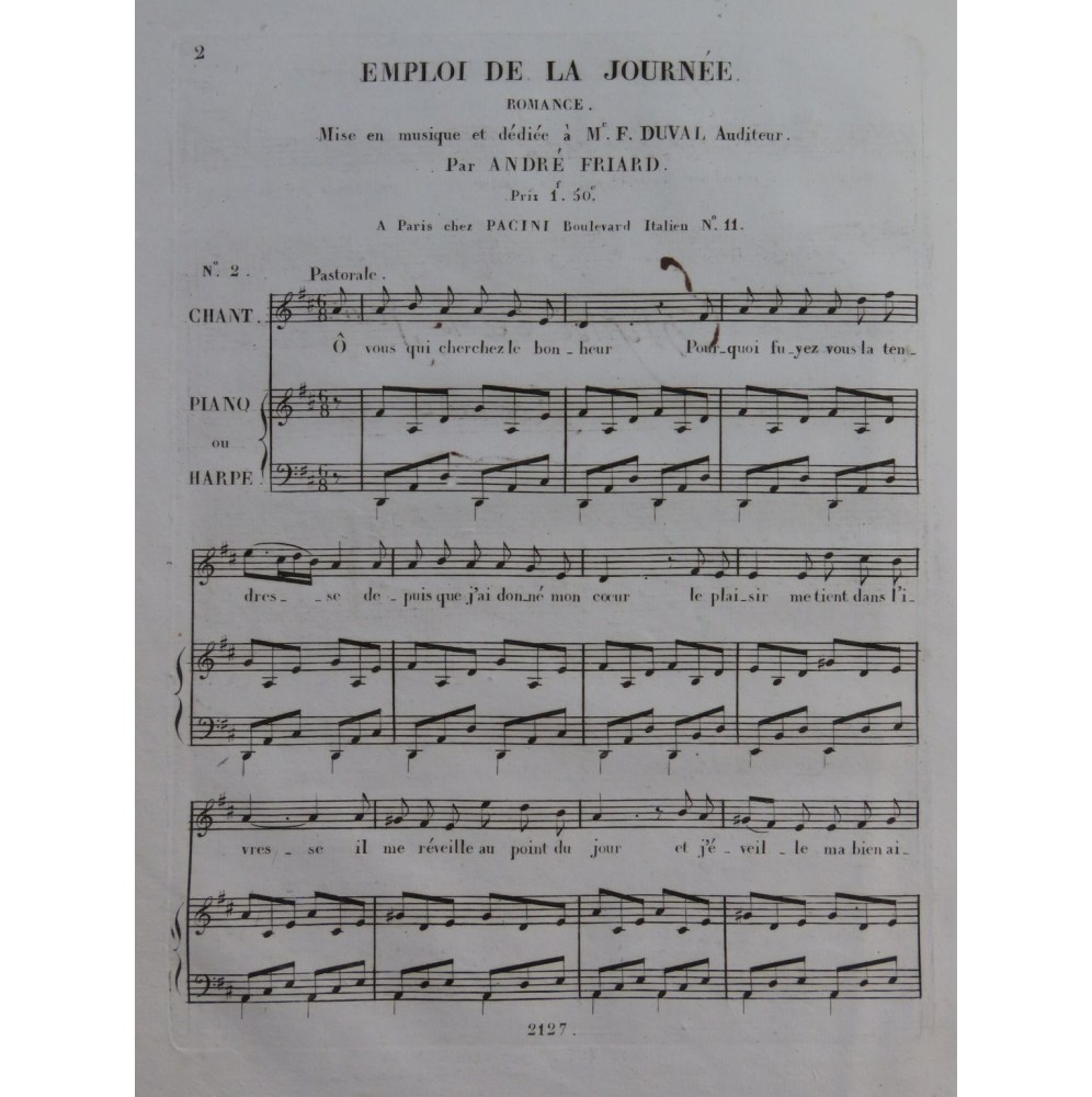 FRIARD André Emploi de la Journée Chant Piano ou Harpe ca1830