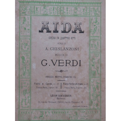 VERDI Giuseppe Aïda Opéra Piano solo ca1872