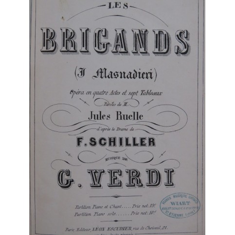 VERDI Giuseppe Les Brigands Opéra Chant Piano ca1870