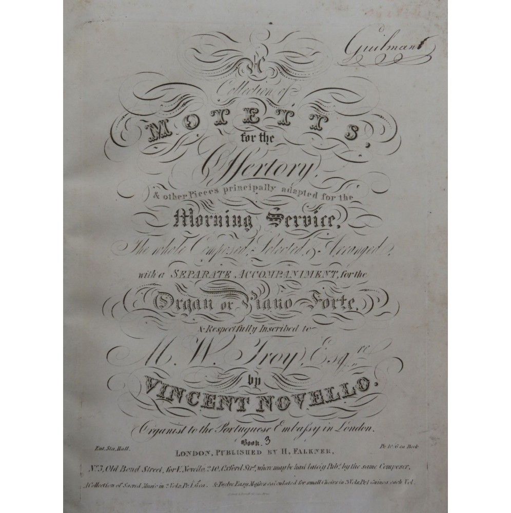 NOVELLO Vincent Collection of Motets Offertory Chant Orgue ou Piano ca1825