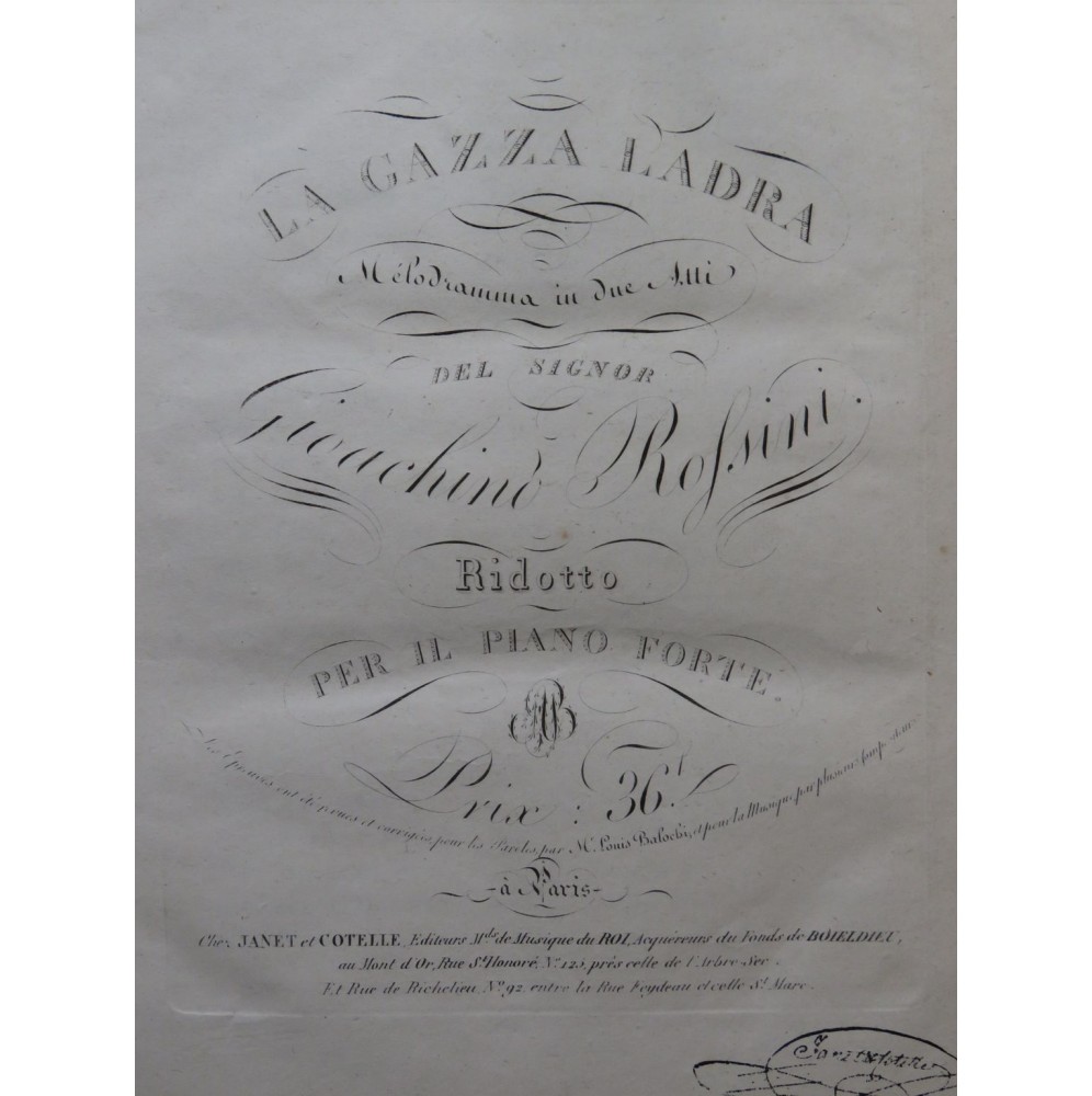 ROSSINI G. La Gazza Ladra Opéra Chant Piano ca1820