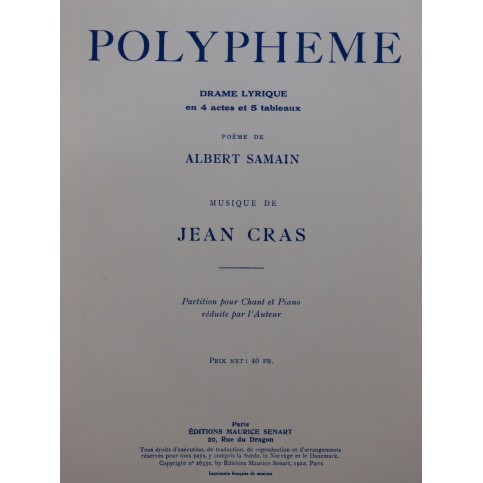 CRAS Jean Polyphème Opéra Chant Piano 1922