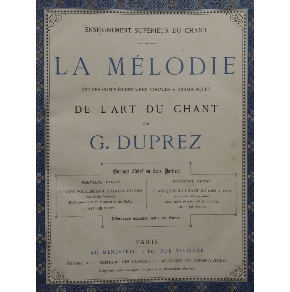DUPREZ Gilbert-Louis La Mélodie Etudes Piano Chant ca1874