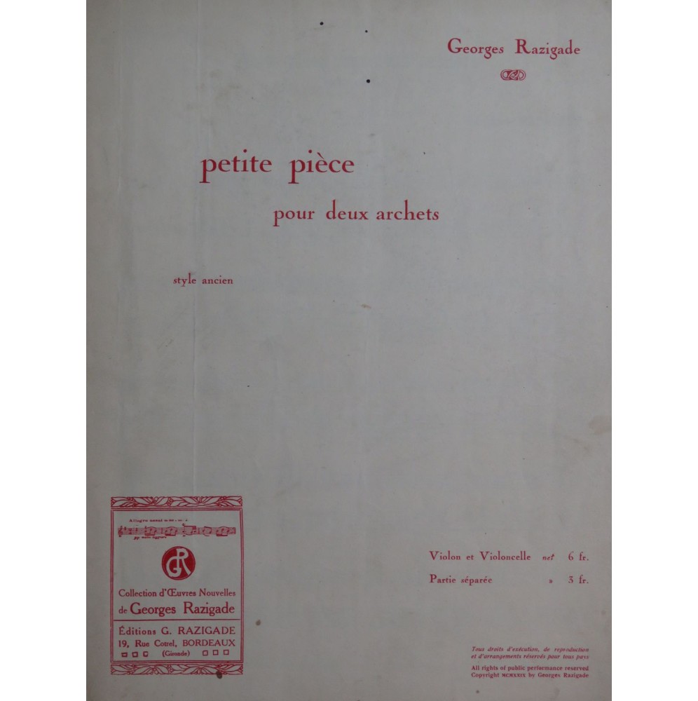 RAZIGADE Georges Petite Pièce pour deux Archets Violon Violoncelle 1929