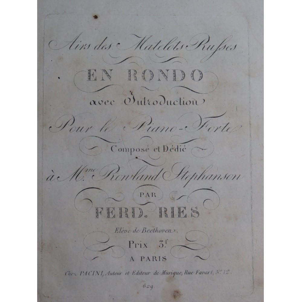 RIES Ferdinand Airs des Matelots Russes Piano ca1825