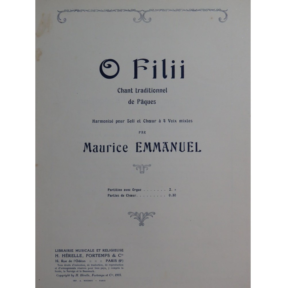 EMMANUEL Maurice O Filii Chant Traditionnel de Pâques Chant Orgue 1923