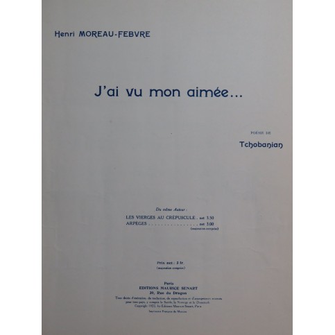 MOREAU-FEBVRE Henri J'ai vu mon aimée Chant Piano 1922