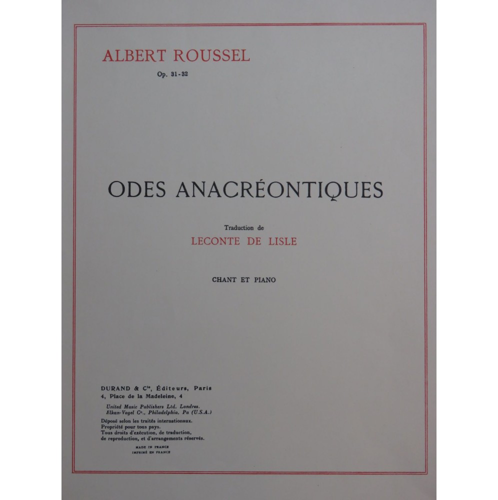 ROUSSEL Albert Odes Anacréontiques Chant Piano 1960