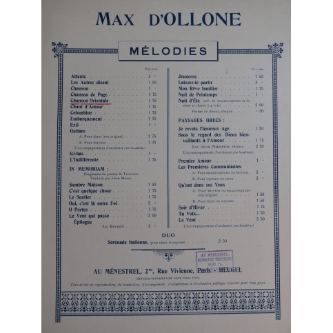 D'OLLONE Max Chanson Orientale Chant Piano 1927