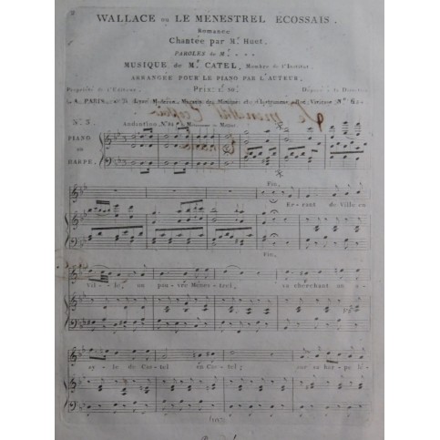 CATEL Ch. S. Wallace ou Le Ménestrel Ecossais No 3 Chant Piano ou Harpe ca1810
