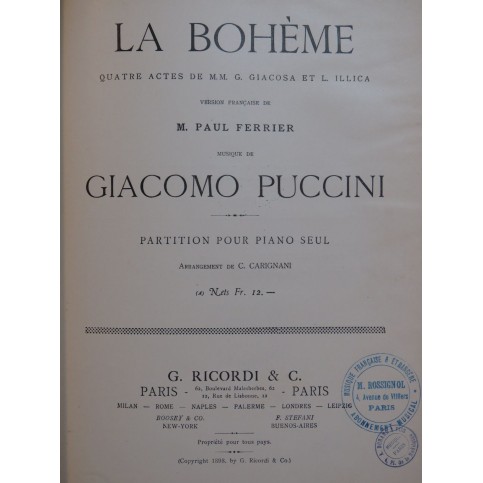 PUCCINI Giacomo La Bohème Opéra Piano seul 1898