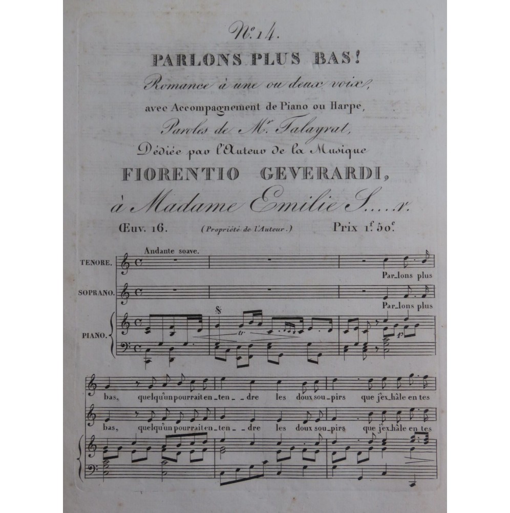 GEVERARDI Fiorentio Parlons plus Bas ! Chant Piano ca1830
