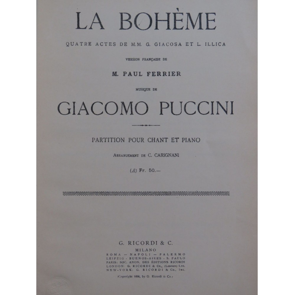 PUCCINI Giacomo La Bohème Opéra Chant Piano 1898