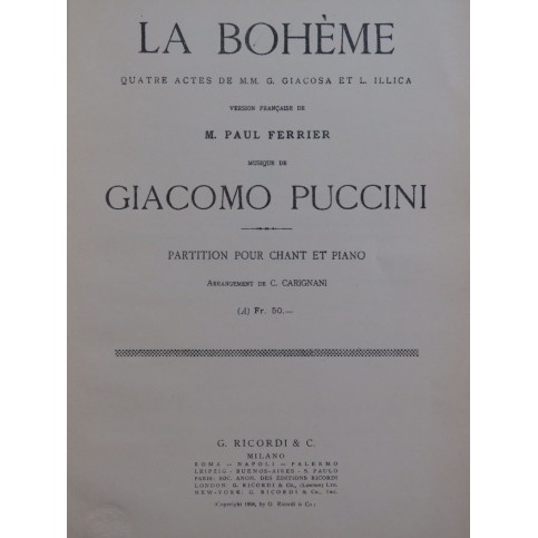PUCCINI Giacomo La Bohème Opéra Chant Piano 1898