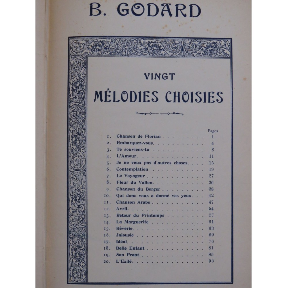 GODARD Benjamin Vingt Mélodies choisies Chant Piano ca1890