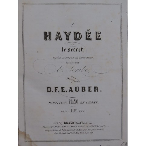 AUBER D. F. E. Haydée Opéra Piano Chant ca1850