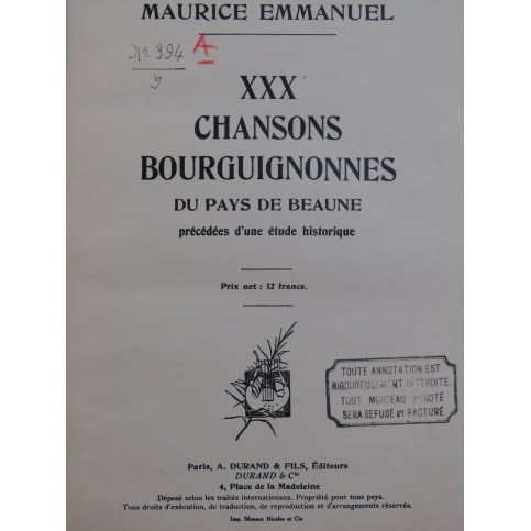 EMMANUEL Maurice Chansons Bourguignonnes Chant Piano 1917