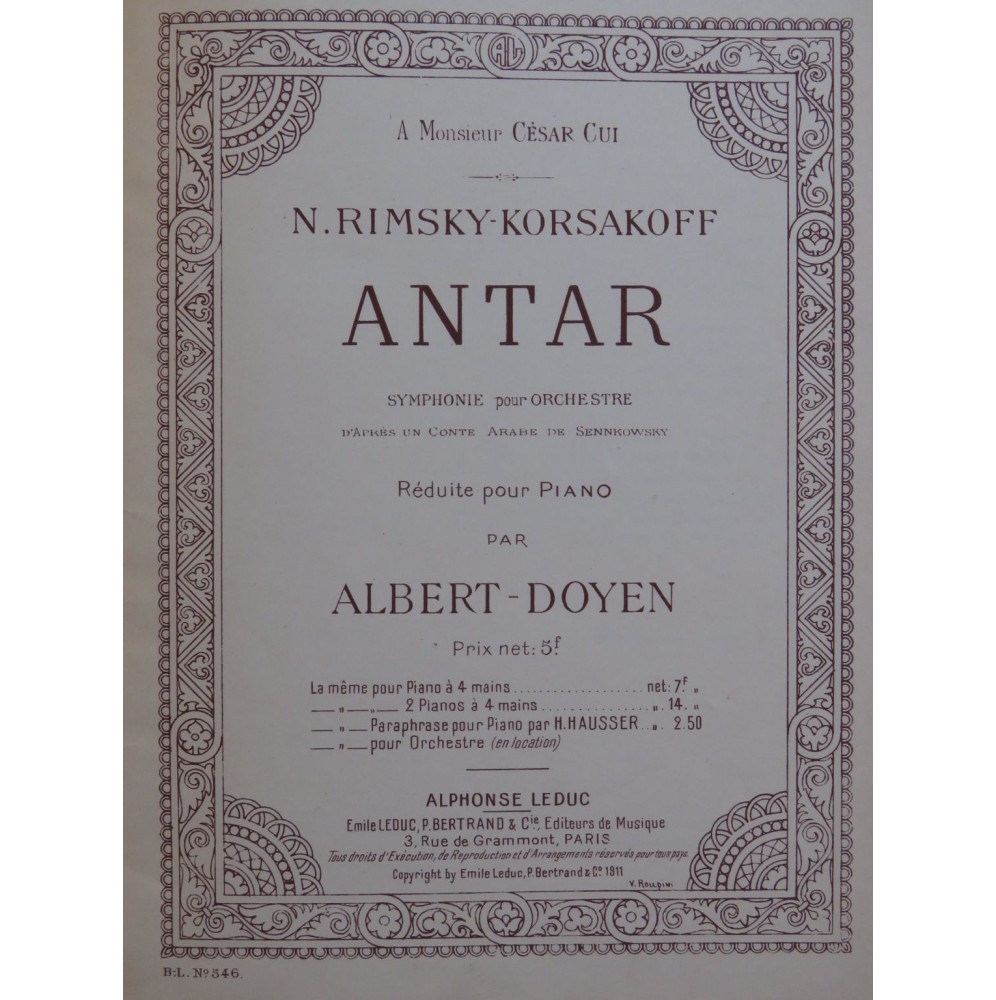 RIMSKY-KORSAKOFF N. Antar Symphonie Piano 1911