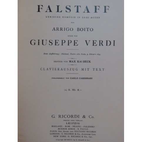VERDI Giuseppe Falstaff Opéra Paroles en allemand Chant Piano 1913