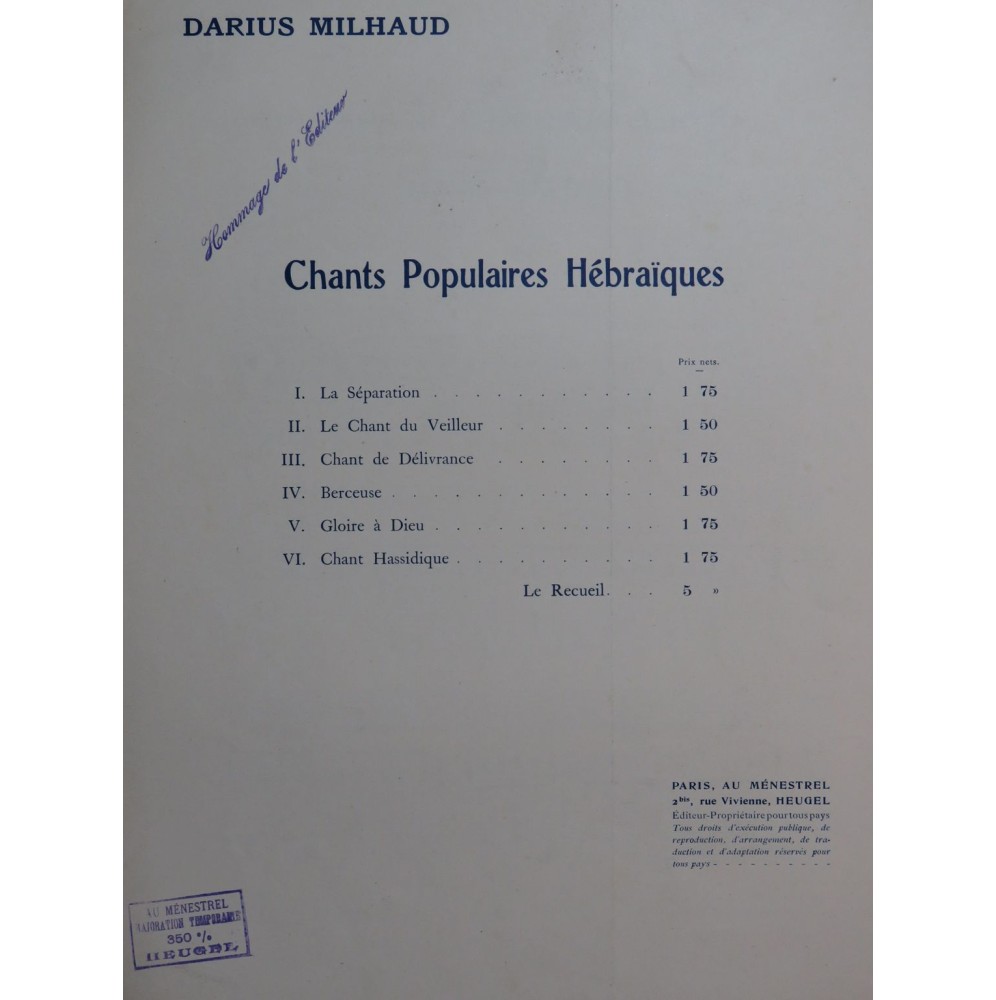 MILHAUD Darius Le Chant du Veilleur Chant Piano 1925