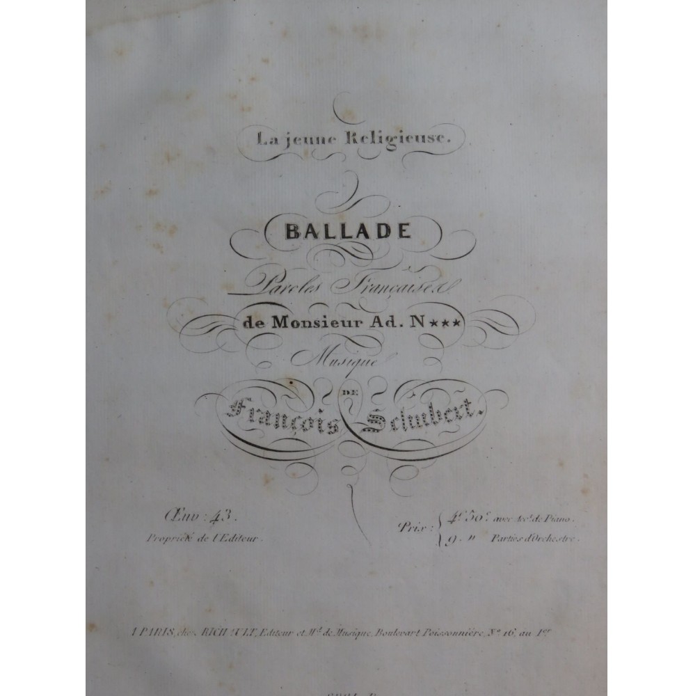 SCHUBERT Franz La Jeune Religieuse Chant Piano ca1835