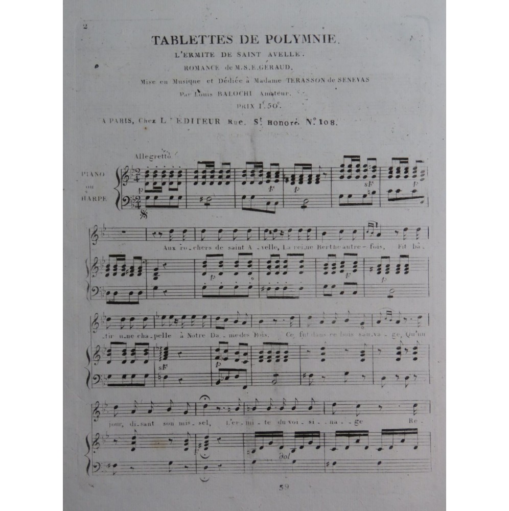 BALOCHI Louis Tablettes de Polymnie Chant Piano ou Harpe ca1830
