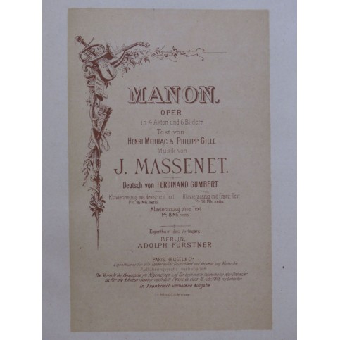 MASSENET Jules Manon allemand deutsch Opéra Chant Piano