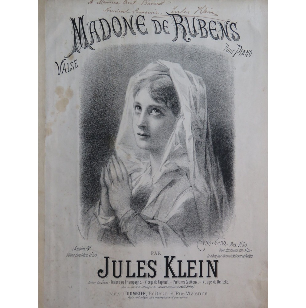 KLEIN Jules Madone de Rubens Dédicace Piano XIXe