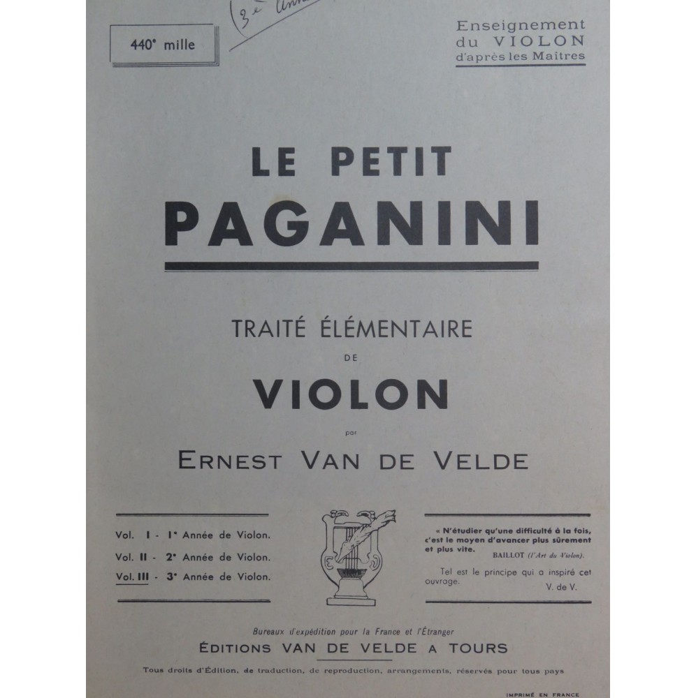 VAN DE VELDE Ernest Le Petit Paganini Méthode 3e Année Violon