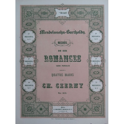 MENDELSSOHN Recueil No 5 Romances sans Paroles op 62 Piano 4 mains ca1855
