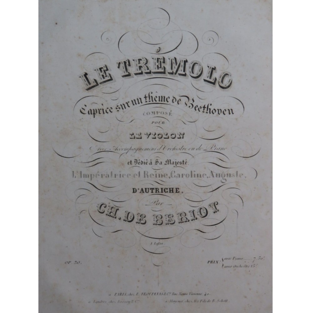 DE BÉRIOT Charles Le Trémolo Thème de Beethoven Piano Violon ca1840