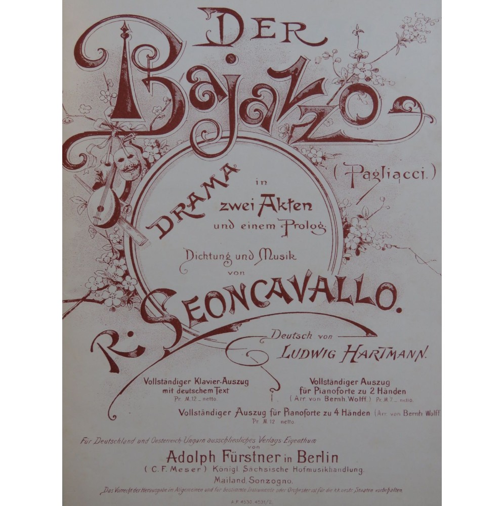 LEONCAVALLO Ruggero Der Bajazzo Opéra Piano 1893
