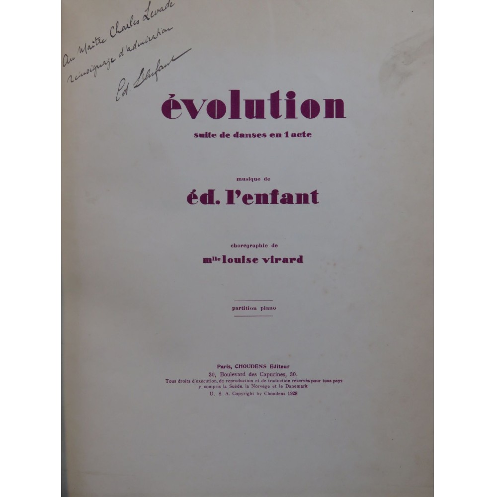 L'ENFANT Édouard Évolution Suite de Danses Dédicace Piano 1928