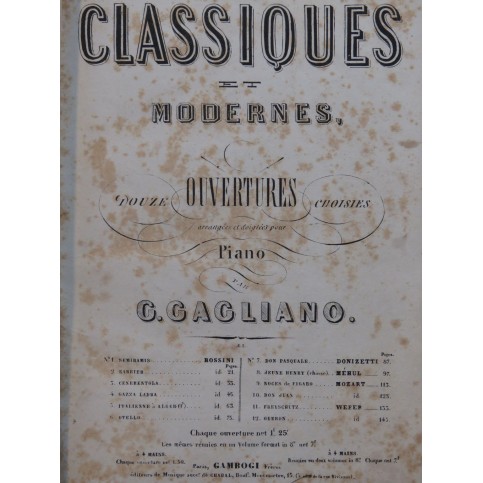 GAGLIANO G. Douze Ouvertures Choisies Piano ca1860