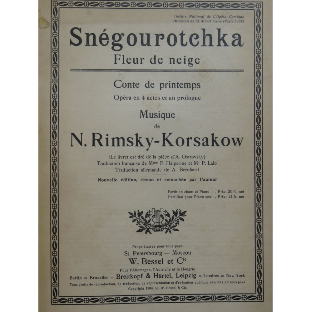 RIMSKY-KORSAKOW N. Snégourotchka Fleur de Neige Opéra Chant Piano 1908
