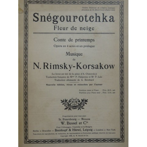 RIMSKY-KORSAKOW N. Snégourotchka Fleur de Neige Opéra Chant Piano 1908