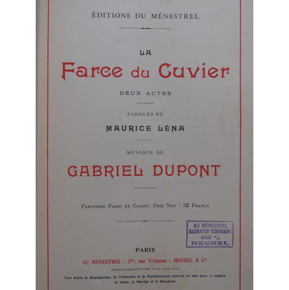 DUPONT Gabriel La Farce du Cuvier Opéra Chant Piano 1912