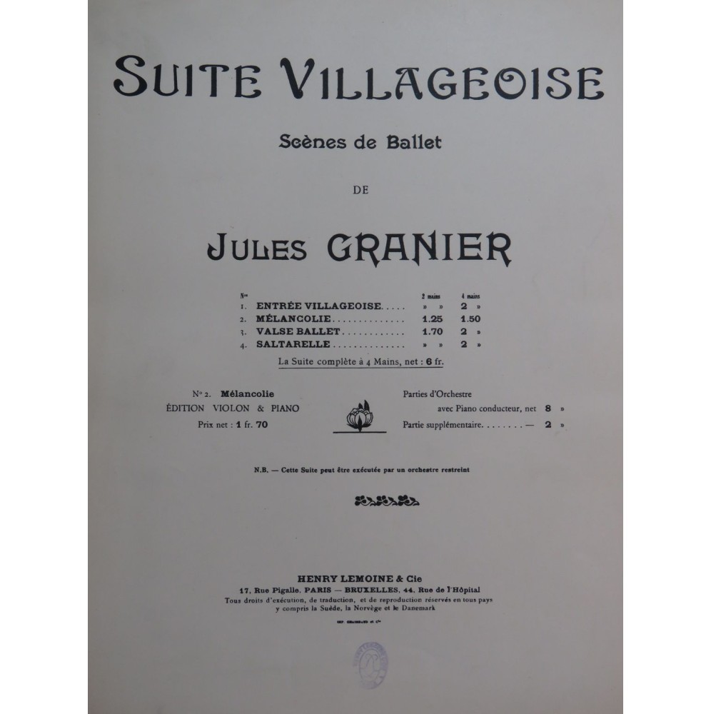 GRANIER Jules Suite Villageoise Scènes de Ballet Piano 4 mains ca1908