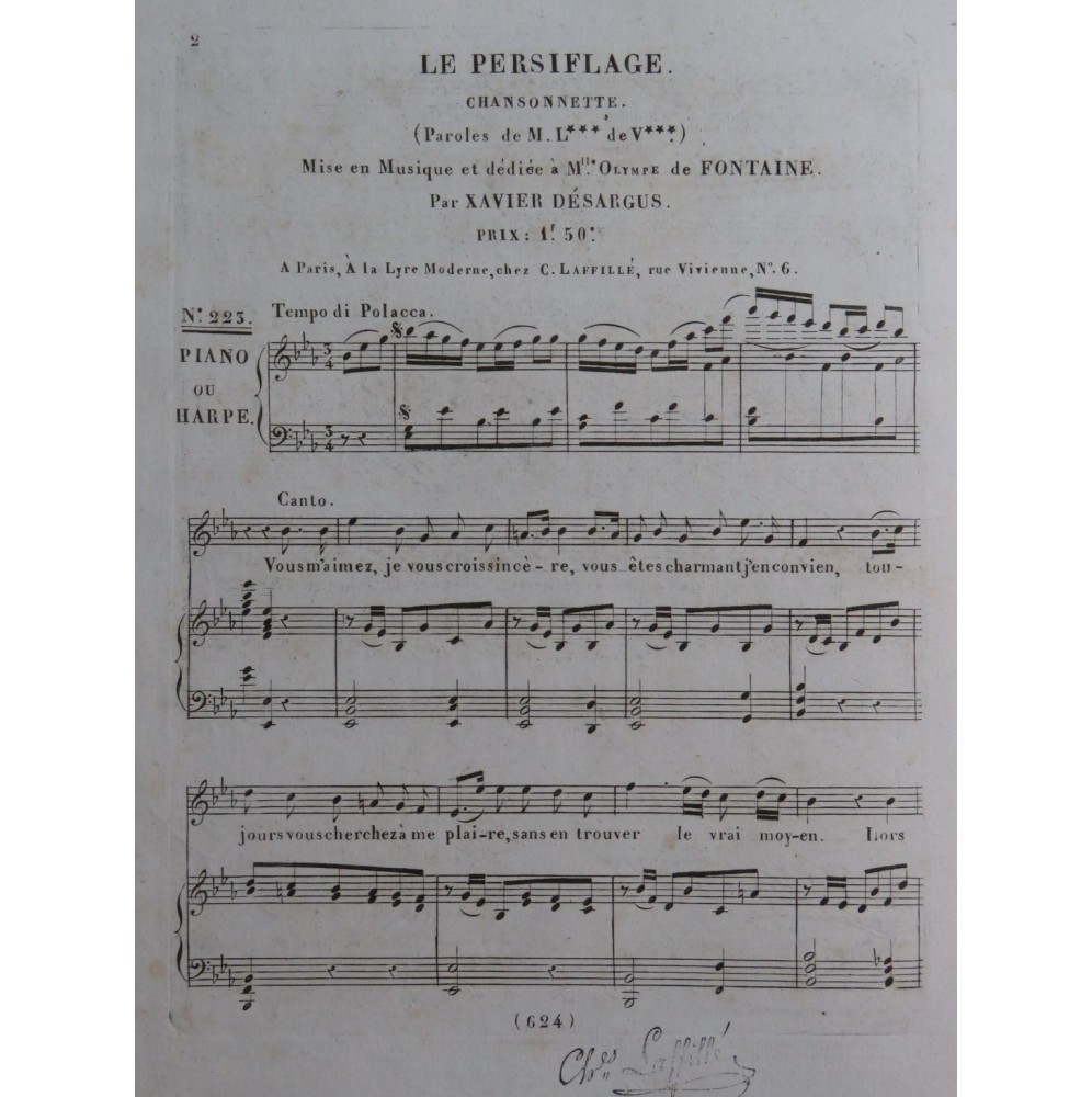 DÉSARGUS Xavier Le Persiflage Chant Piano ou Harpe ca1830