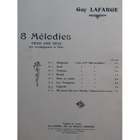 LAFARGE Guy Légende Chant Piano 1929