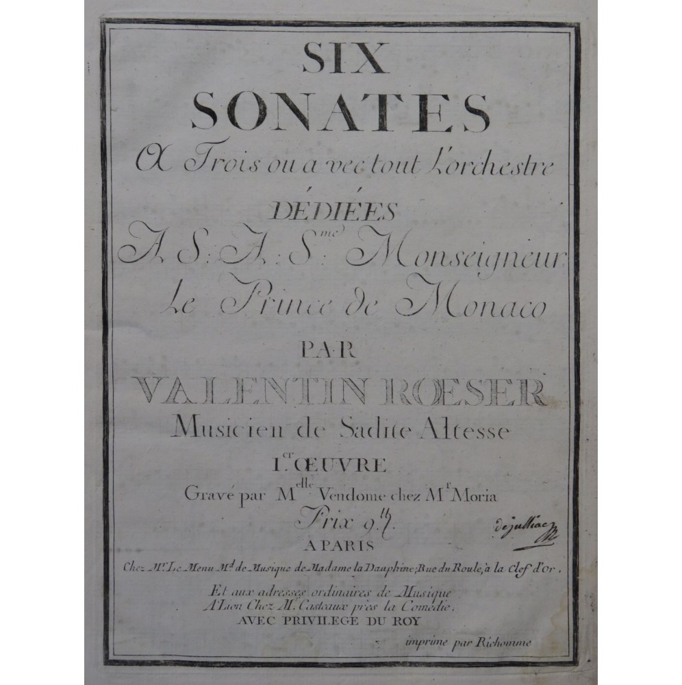ROESER Valentin Six Sonates op 1 pour 2 Violons Violoncelle ca1762