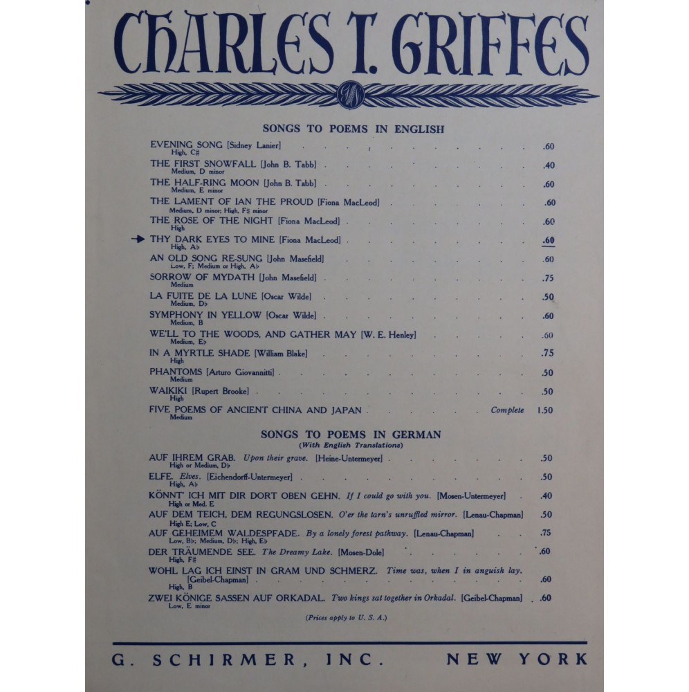 GRIFFES Charles T. Thy Dark Eyes to Mine Chant Piano 1946