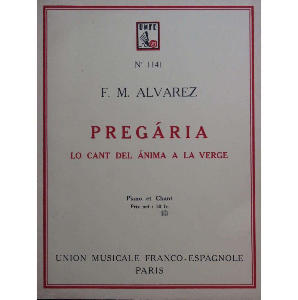 ALVAREZ F. M. Pregaria Chant Piano 1930